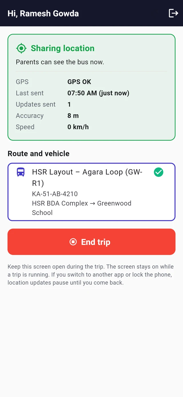 Driver app during a trip: sharing location, GPS OK, last update, route and bus number, and End trip