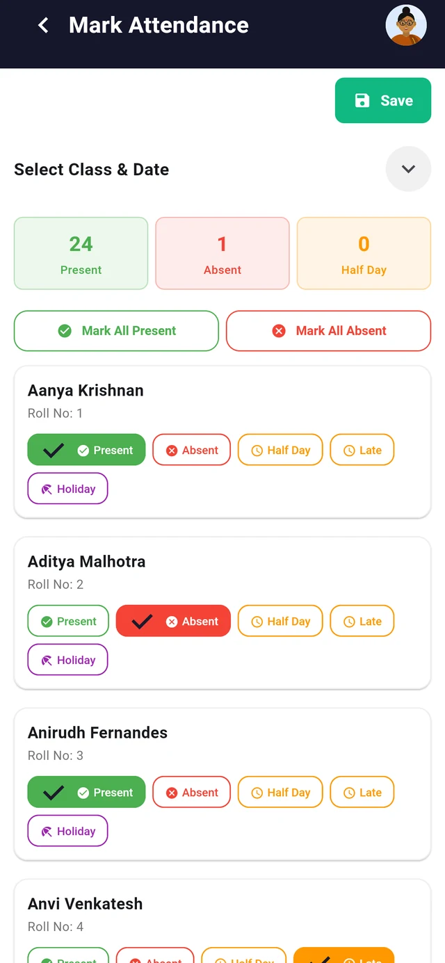 Marking attendance for Class 7-A in the app: Present, Absent, Half day, Late and Holiday for each student, with totals and Save