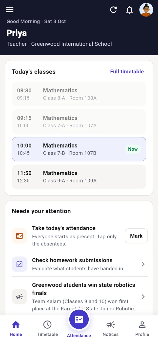 CampusConnect app for teachers: greeting, today's classes with the current period marked Now, and a Needs your attention list