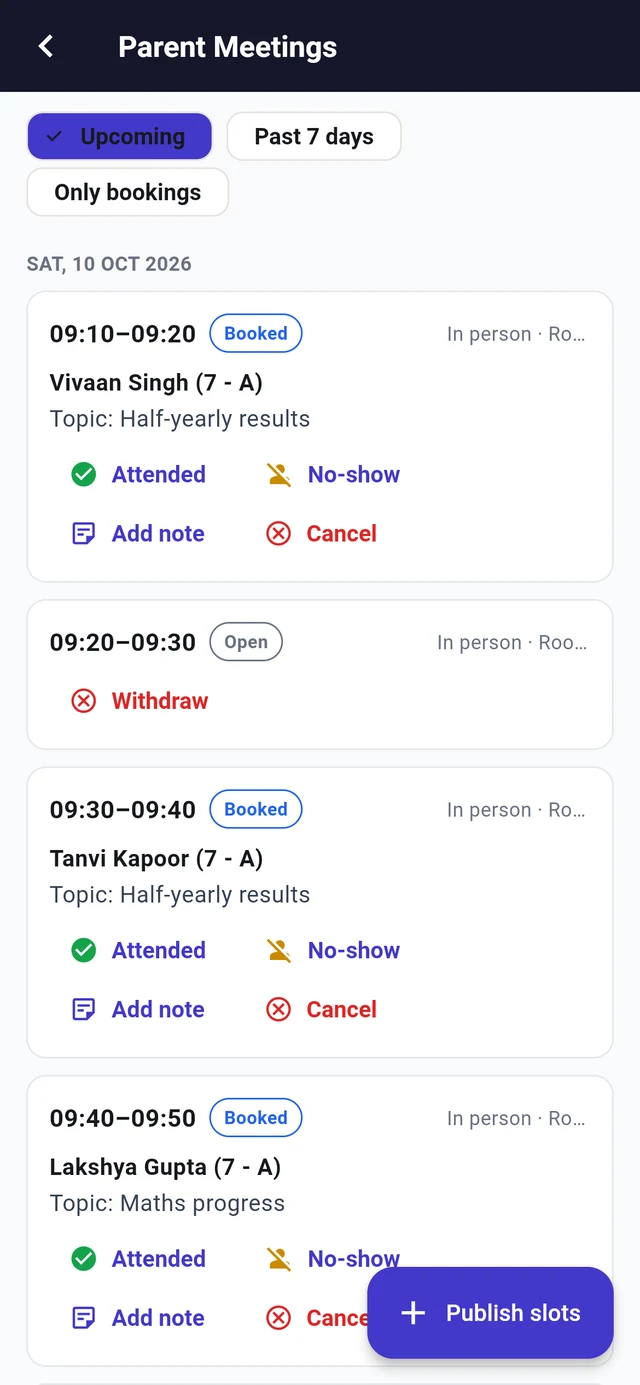 Parent meetings in the teacher app: booked slots with student and topic, Attended, No-show and Add note