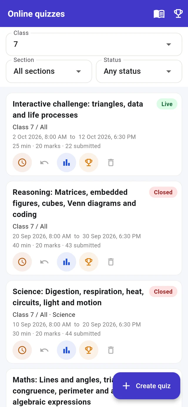 Online quizzes in the teacher app: a live interactive challenge and closed quizzes with submissions, results and leaderboard