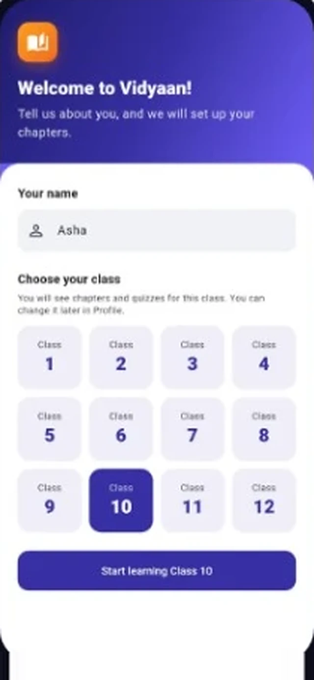 Vidyaan welcome screen: enter your name and choose your class from Class 1 to Class 12
