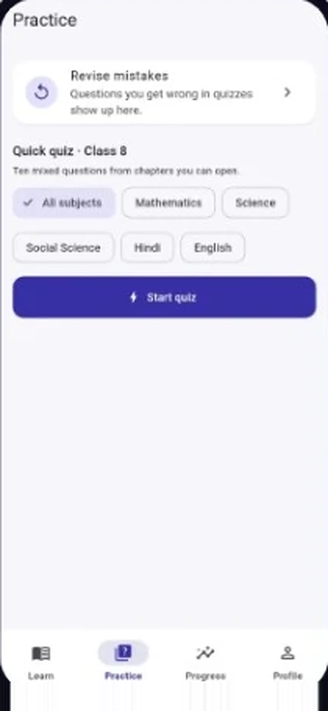 Practice screen with Revise mistakes and a quick quiz for Class 8 filtered by subject