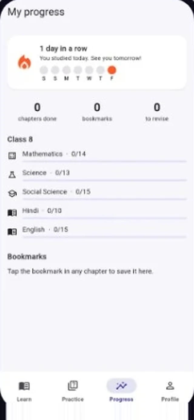 My progress screen with a day streak, chapters done, bookmarks and progress per subject