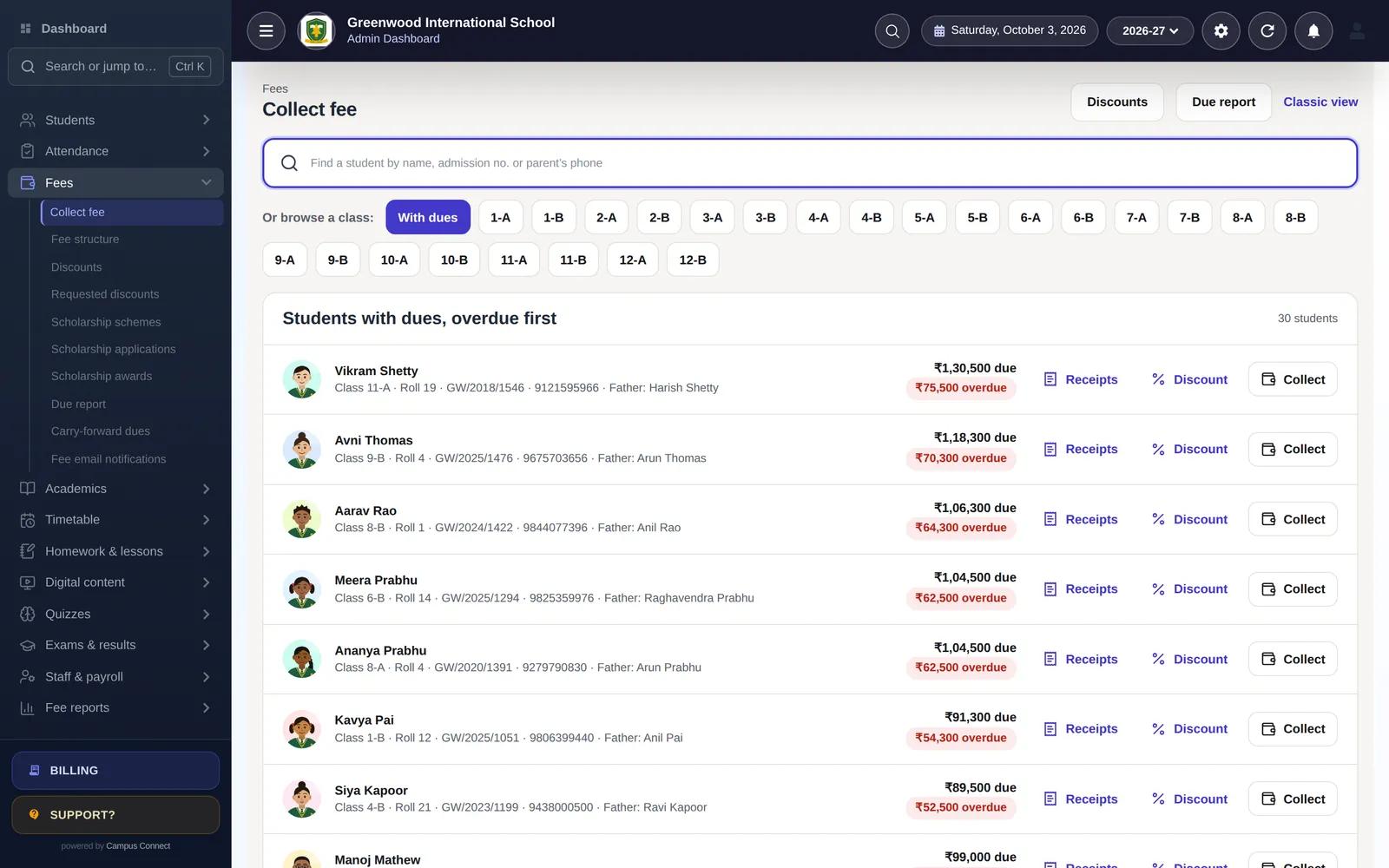 Collect fee screen: dues listed overdue-first with Collect, Receipts and Discount actions