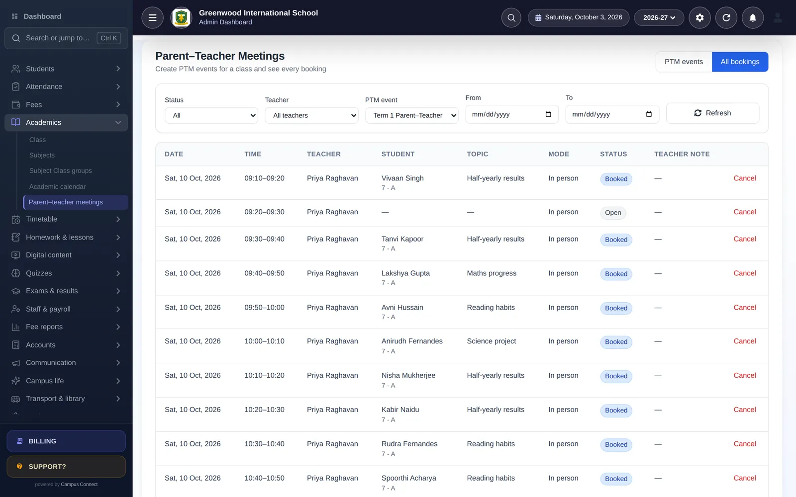 PTM bookings with time slot, teacher, student and topic