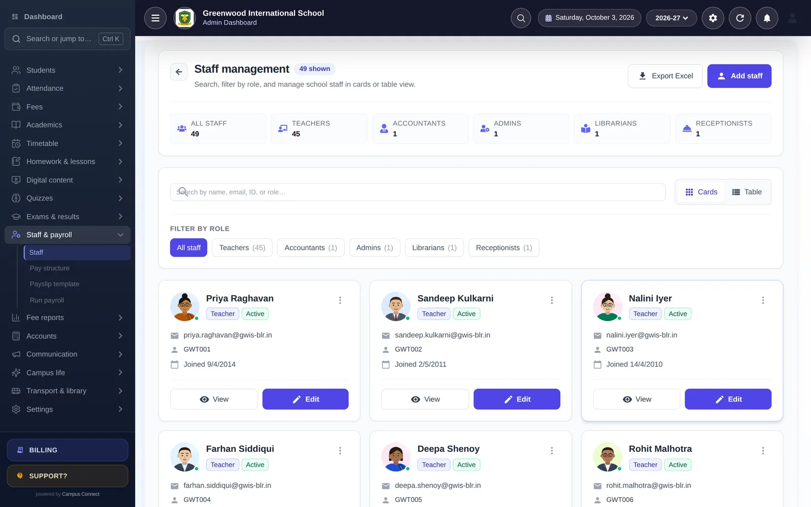 Staff management: every teacher and staff member with photo, role, status and joining date