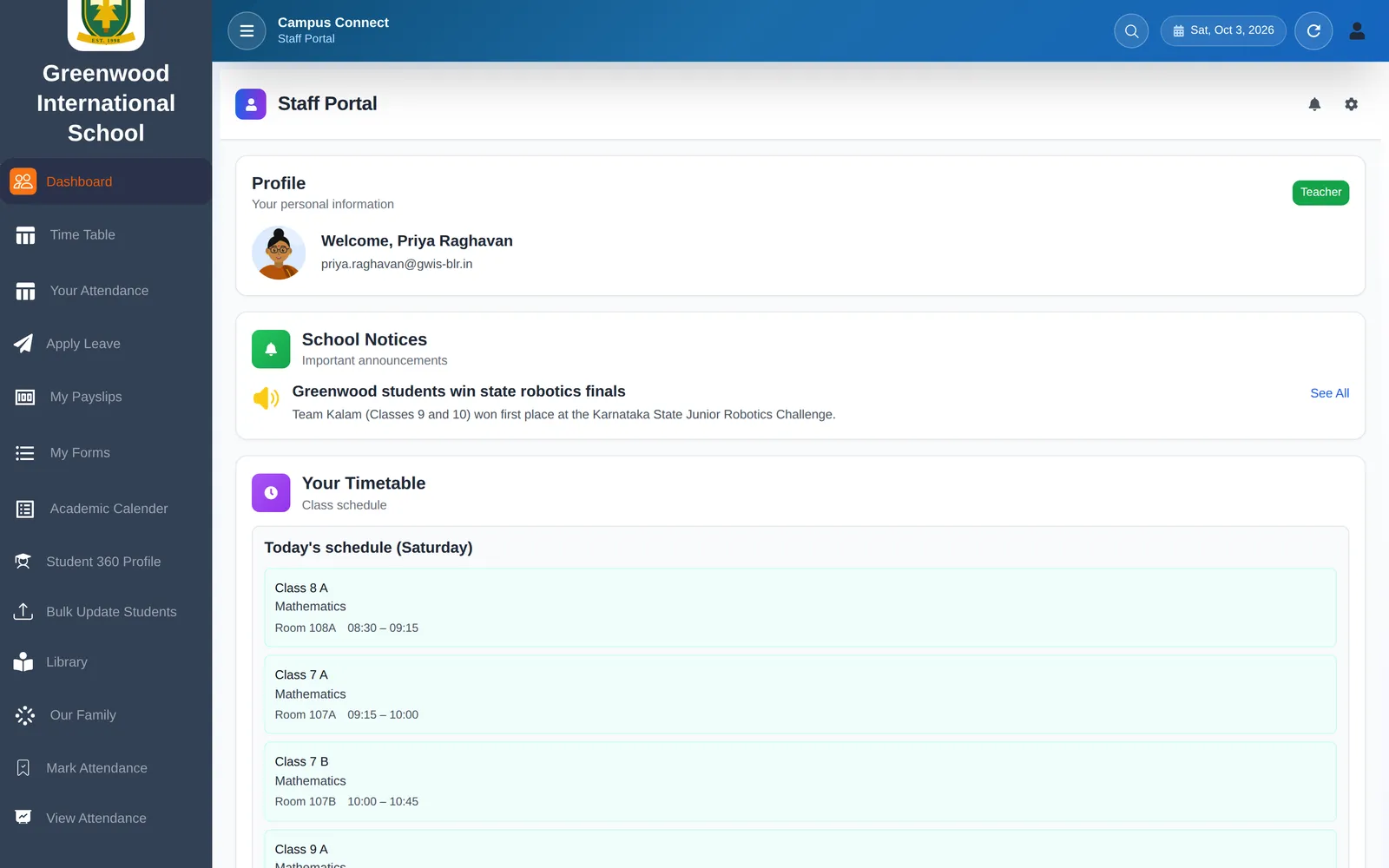Teacher dashboard with profile, school notices and today's teaching schedule