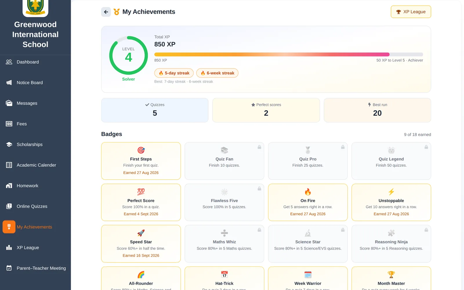My achievements: XP, level progress, daily and weekly streaks and earned badges