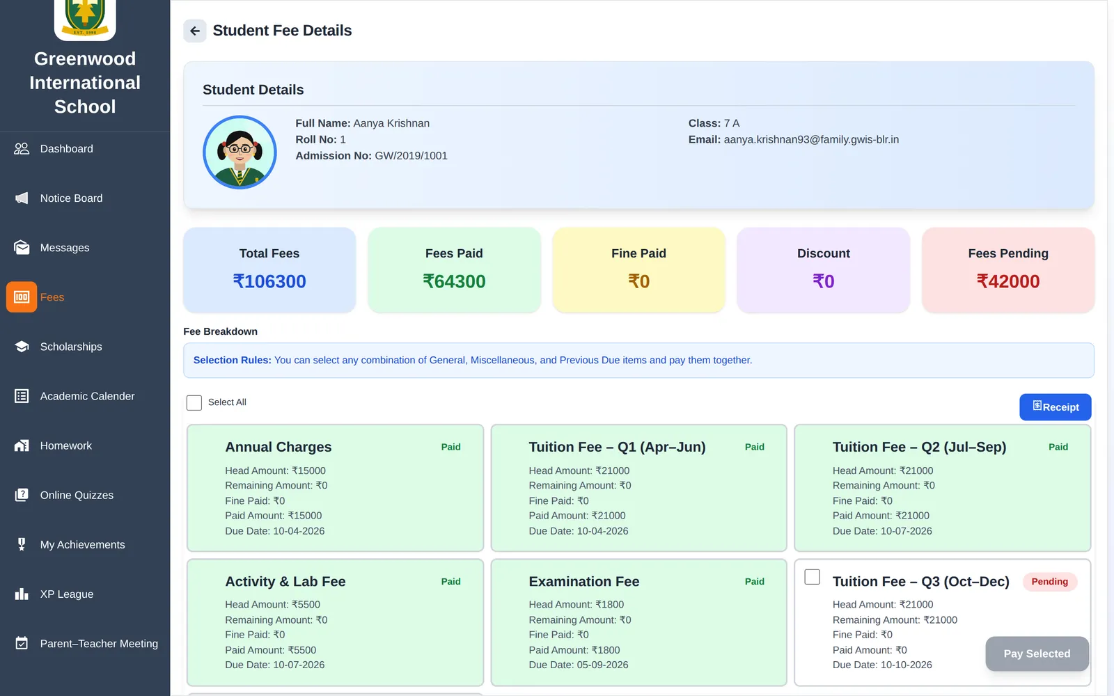 Fee details for a student with every fee head, paid and pending status and Pay Now