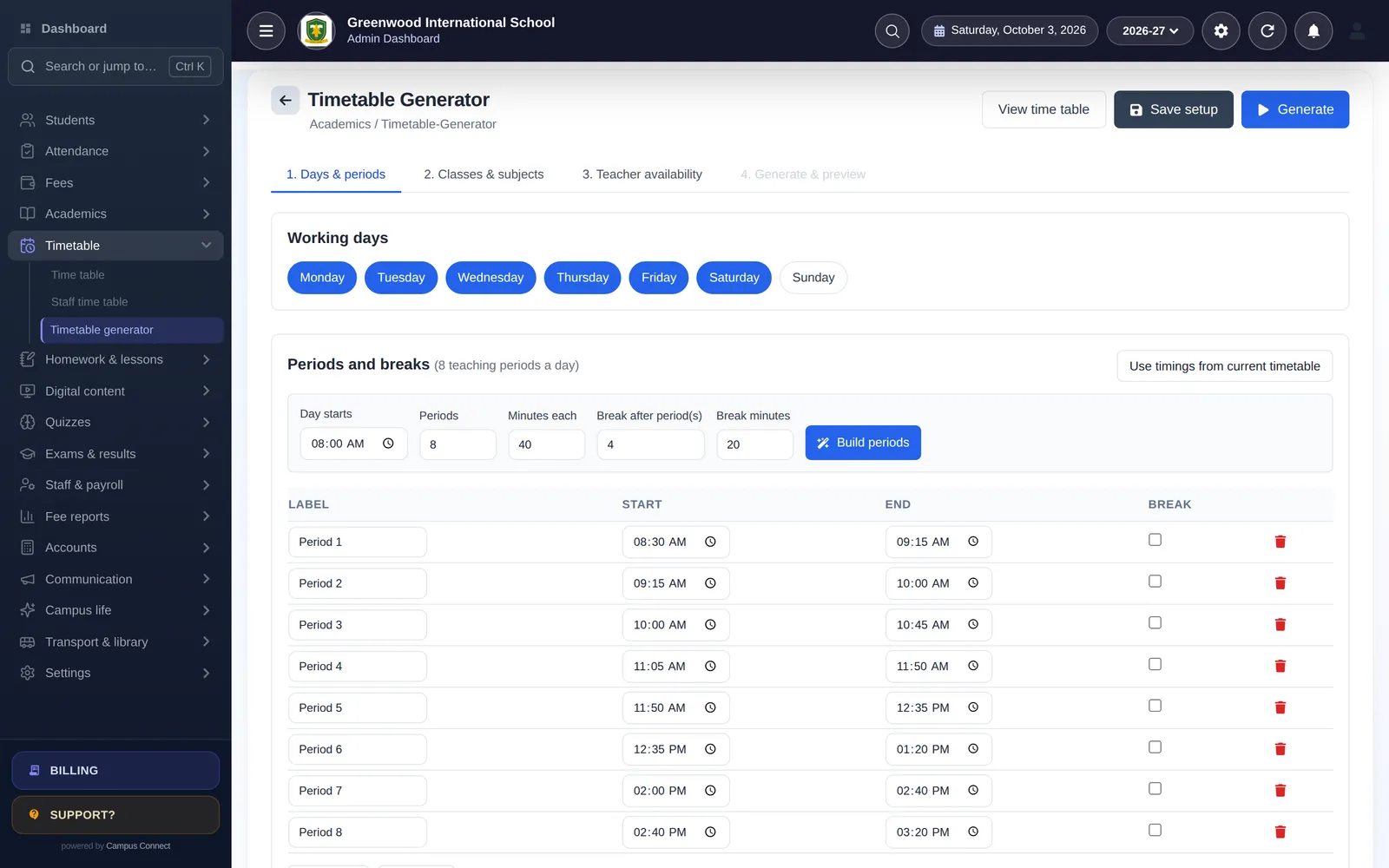 Timetable generator: working days, periods and breaks before generating a clash-free timetable