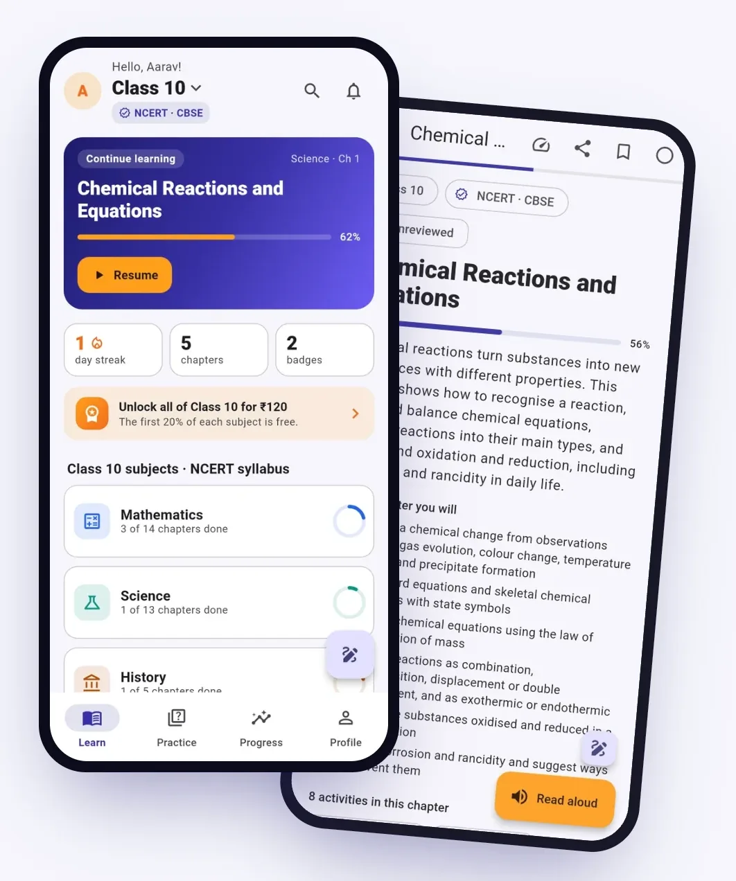 Vidyaan app: the Class 10 home screen with Continue learning, day streak, chapters and badges, and a Science chapter on chemical reactions with Read aloud